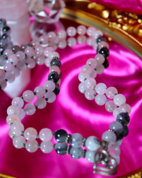 Morganite, Grey Moonstone + Tourmalated Quartz Crystal Bead, Japa Meditation, Mala Beads Necklace for Feeling Worthy of Love