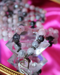 Morganite, Grey Moonstone + Tourmalated Quartz Crystal Bead, Japa Meditation, Mala Beads Necklace for Feeling Worthy of Love