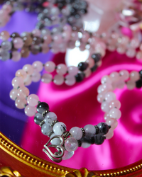 Morganite, Grey Moonstone + Tourmalated Quartz Crystal Bead, Japa Meditation, Mala Beads Necklace for Feeling Worthy of Love