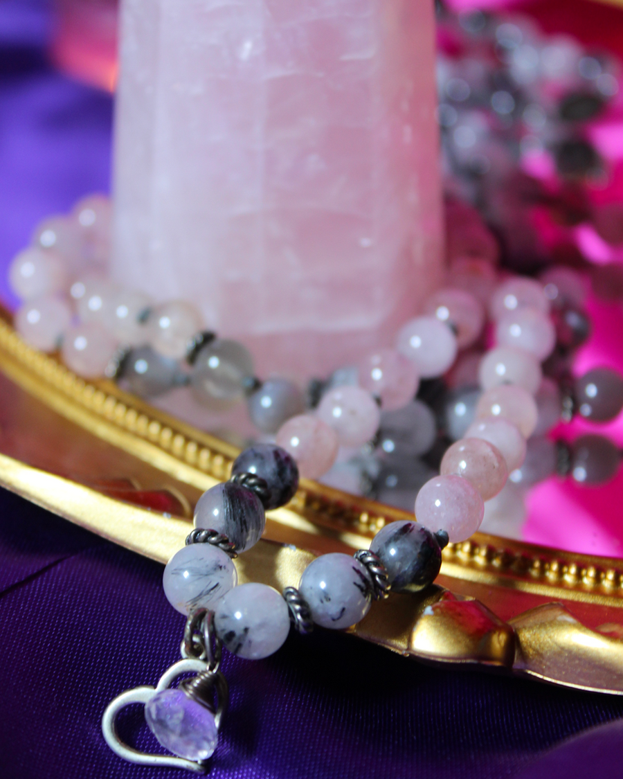 Morganite, Grey Moonstone + Tourmalated Quartz Japa Meditation Mala Beads Necklace for Feeling Worthy of Love