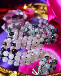 Morganite, Grey Moonstone + Tourmalated Quartz Crystal Bead, Japa Meditation, Mala Beads Necklace for Feeling Worthy of Love