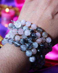 Morganite, Grey Moonstone + Tourmalated Quartz Crystal Bead, Japa Meditation, Mala Beads Necklace for Feeling Worthy of Love