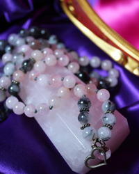 Morganite, Grey Moonstone + Tourmalated Quartz Crystal Bead, Japa Meditation, Mala Beads Necklace for Feeling Worthy of Love