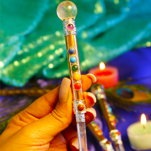 Clear Quartz Crystal, 7 Chakra Crystal Copper + Silver Wand for Total Cosmic Alignment