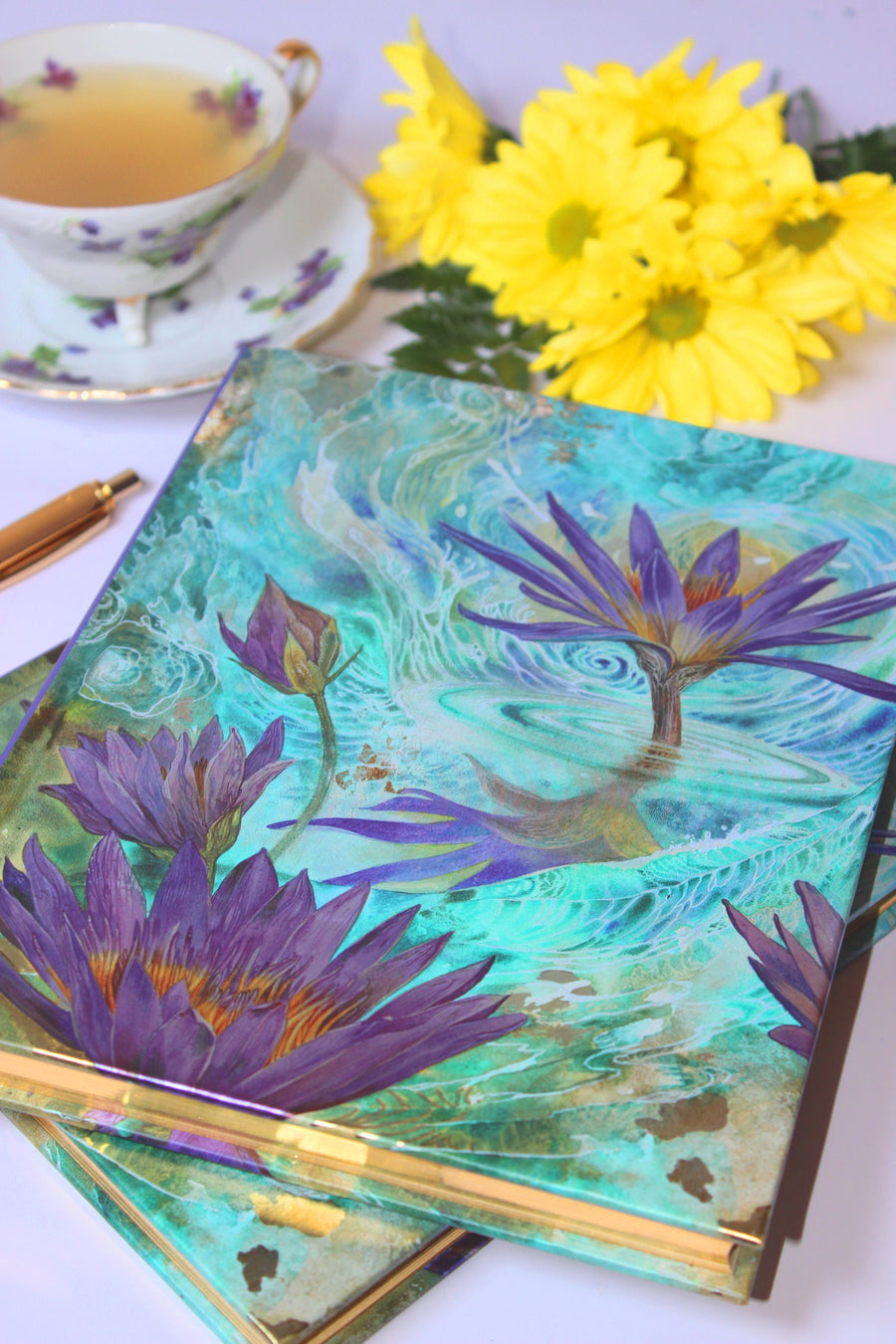 Iridescent Purple + Gold Foil with a Lotus in a Pond Design for Water Magic